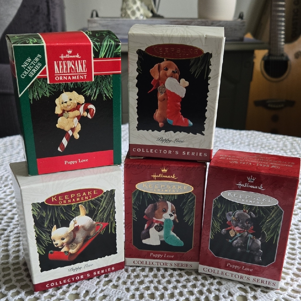 5 VINTAGE HALLMARK  KEEPSAKE ORNAMENT SERIES, "PUPPY LOVE"